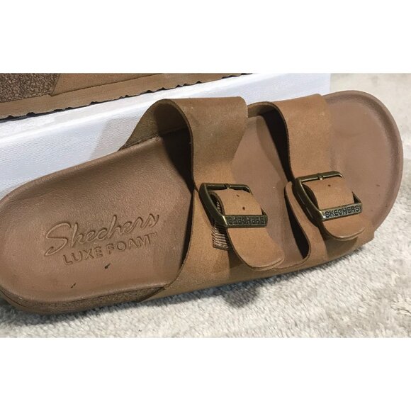 Skechers Sandals Luxe Foam Women Size 6 Tan Double Strap Slide Adjustable Buckle - Picture 3 of 12